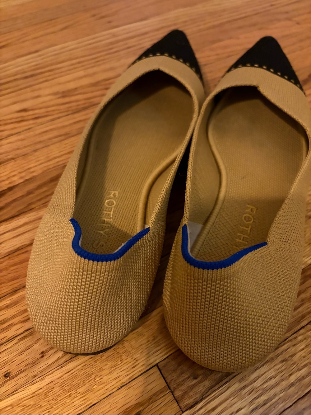 Rothy's Mustard Knit Pointed Flats with Black Cap Toe and Blue Trim